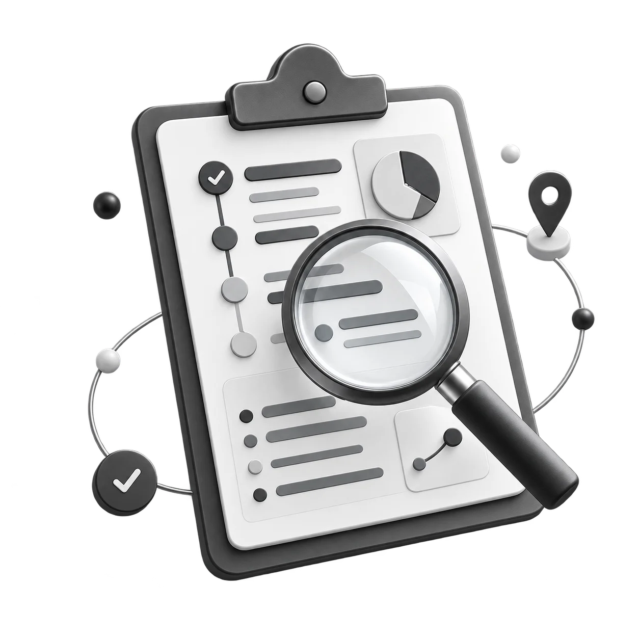 A clipboard of findings under a magnifying glass