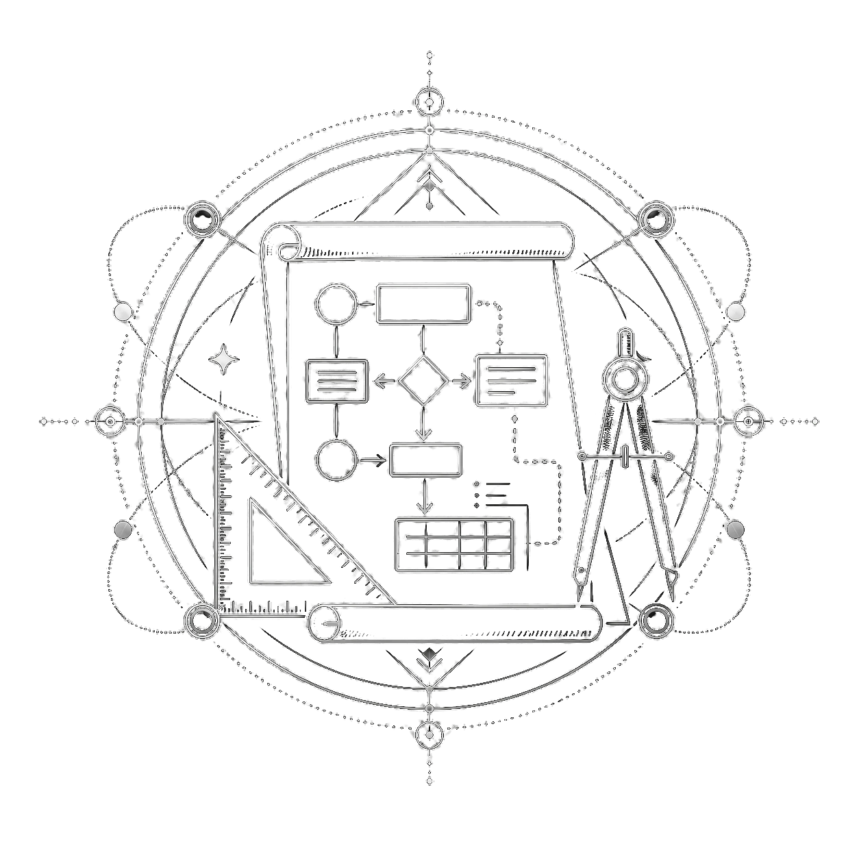Design stage: a process flow drafted with a set square and compass