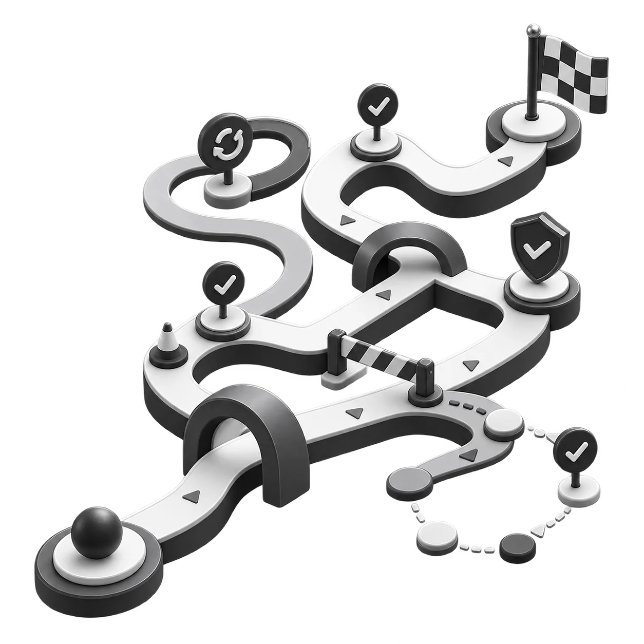 A route of checkpoints and barriers to a finish line